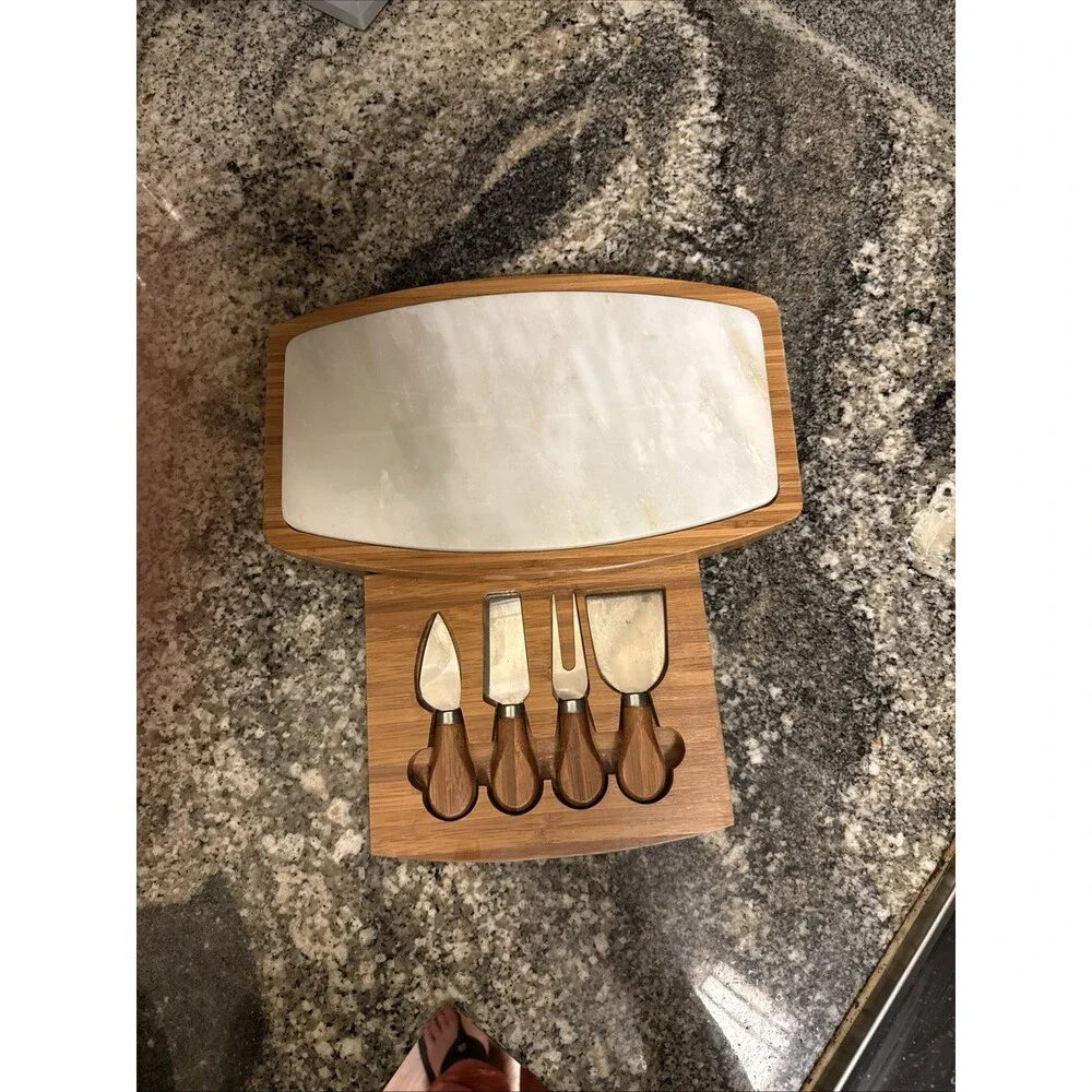 B. SMITH Bamboo & Marble Cheese Board Set w/ Utensils Hidden Storage Tray